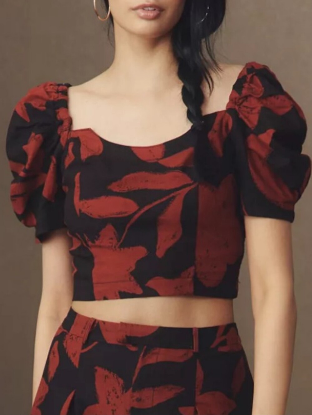 Anthropologie Black & Red/Orange Linen Puff Sleeve Crop Top, Size M